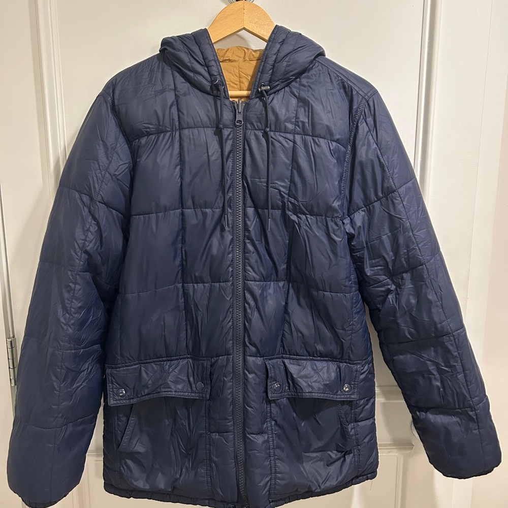 GAP Reversible Hooded Puffer Jacket Navy / Camel – Men’s Medium